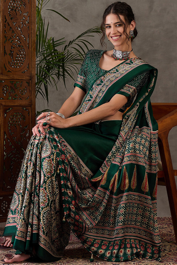 Dark Green Ajrakh Printed Satin Silk Saree