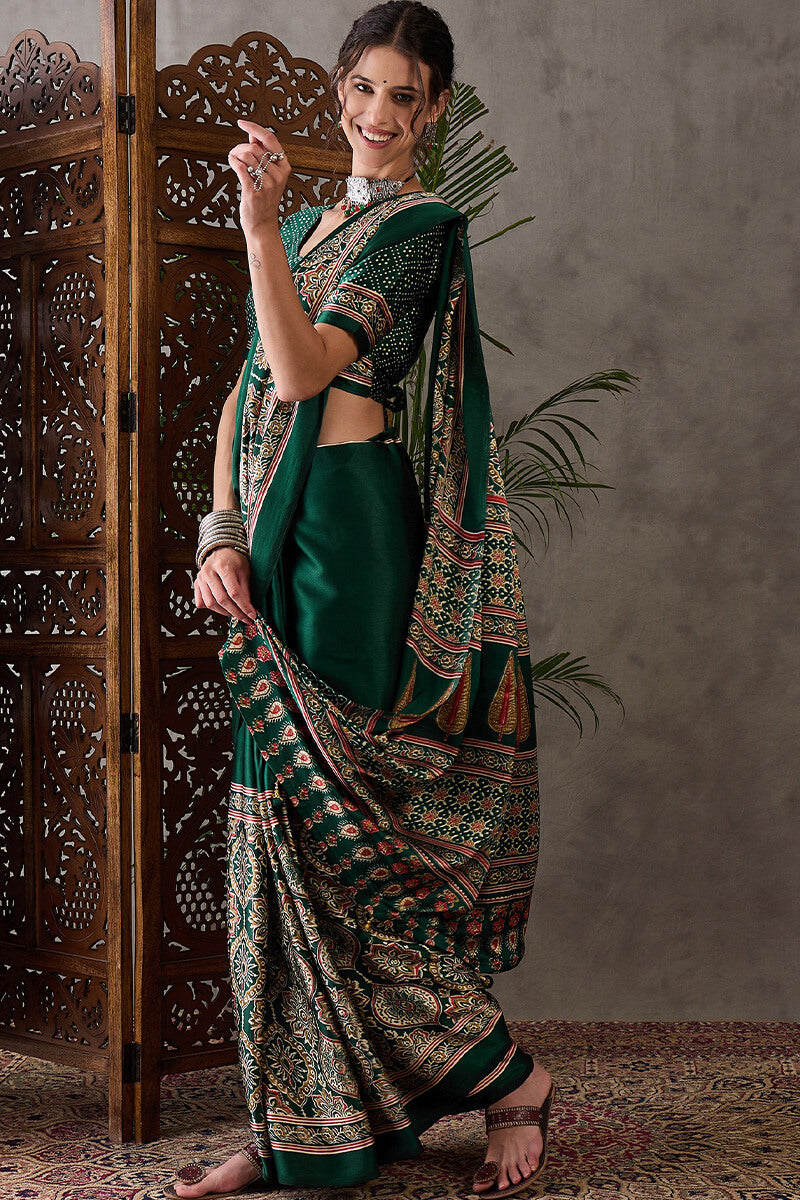 Dark Green Ajrakh Printed Satin Silk Saree