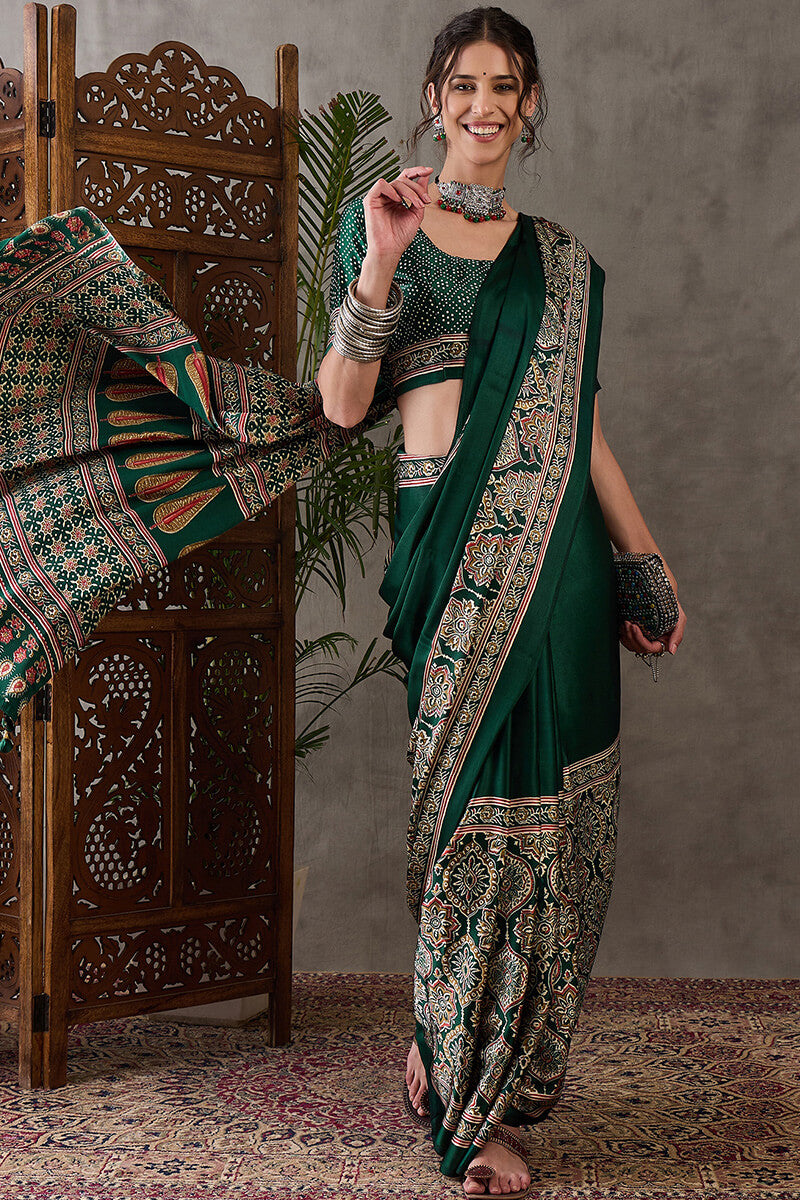 Dark Green Ajrakh Printed Satin Silk Saree