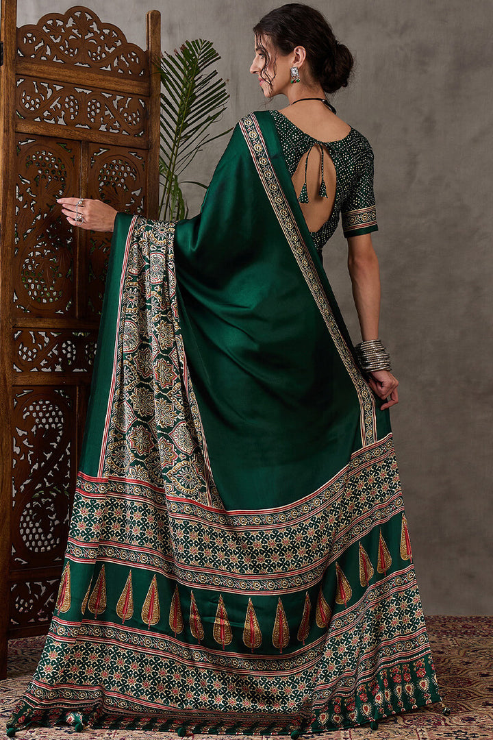 Dark Green Ajrakh Printed Satin Silk Saree