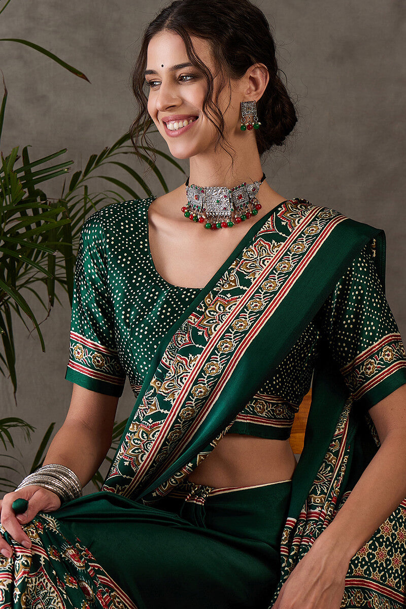Dark Green Ajrakh Printed Satin Silk Saree