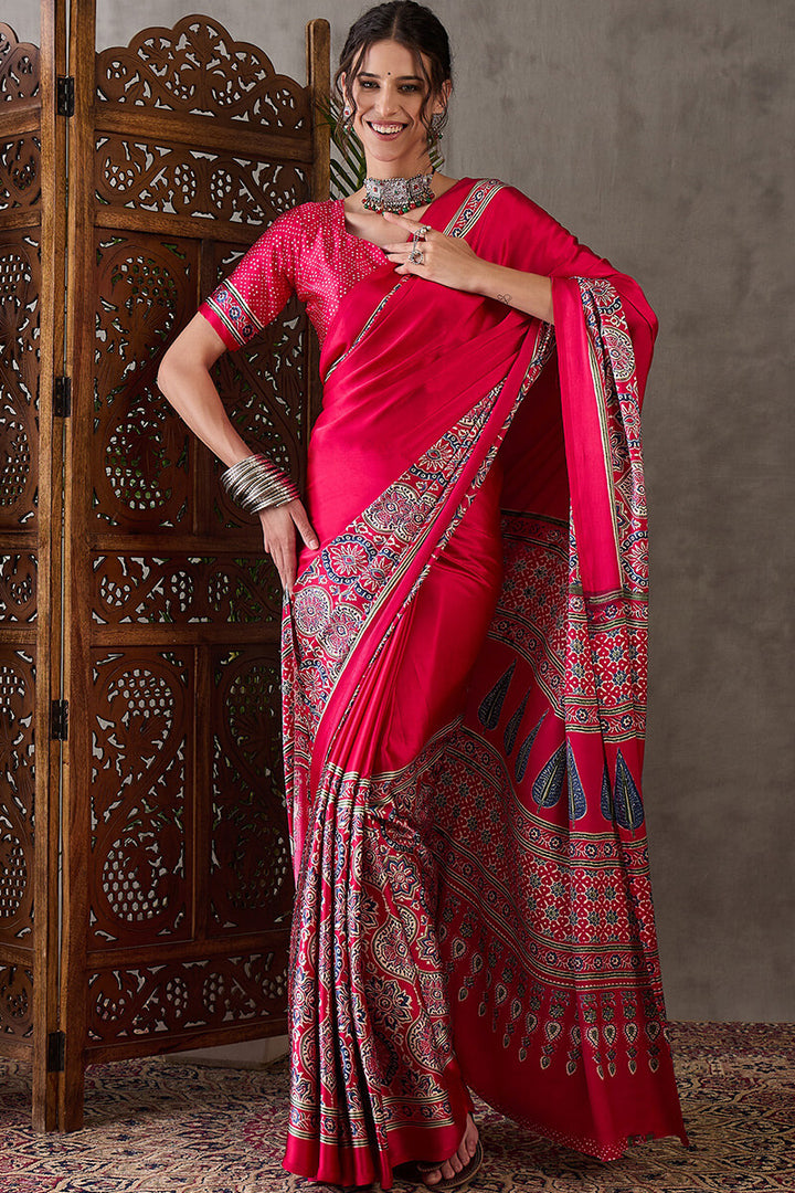Dark Hot Pink Ajrakh Printed Satin Silk Saree
