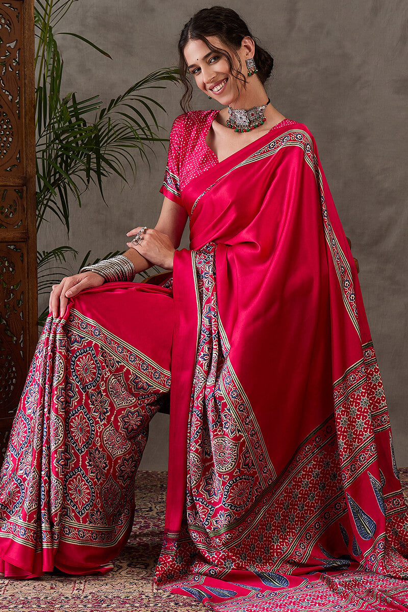 Dark Hot Pink Ajrakh Printed Satin Silk Saree