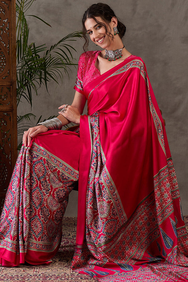Dark Hot Pink Ajrakh Printed Satin Silk Saree