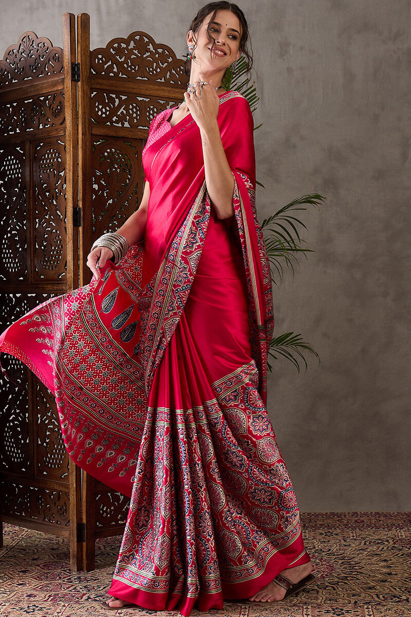 Dark Hot Pink Ajrakh Printed Satin Silk Saree