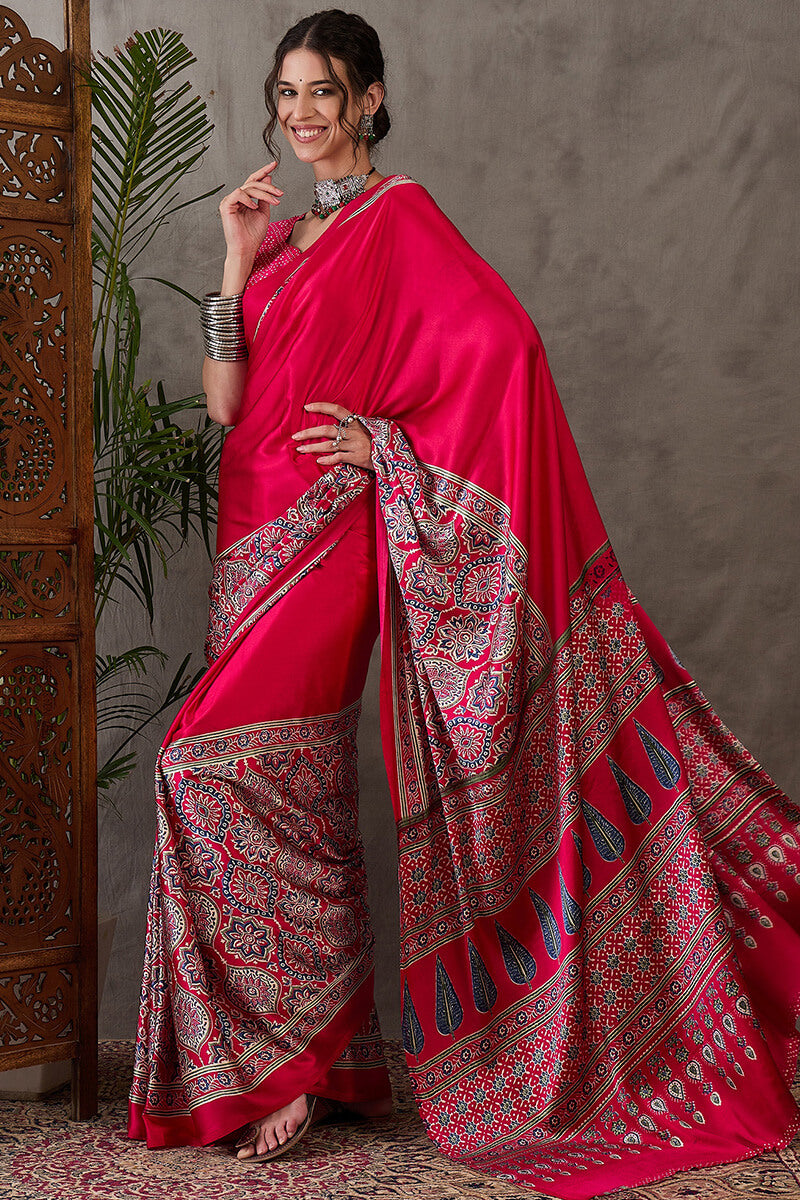 Dark Hot Pink Ajrakh Printed Satin Silk Saree