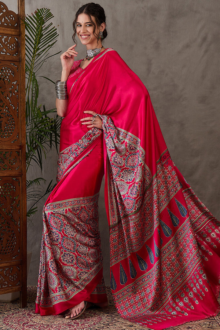 Dark Hot Pink Ajrakh Printed Satin Silk Saree