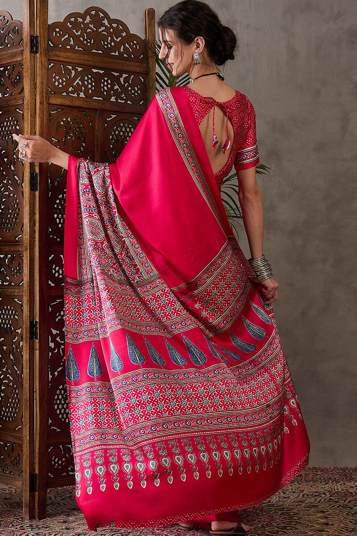 Dark Hot Pink Ajrakh Printed Satin Silk Saree