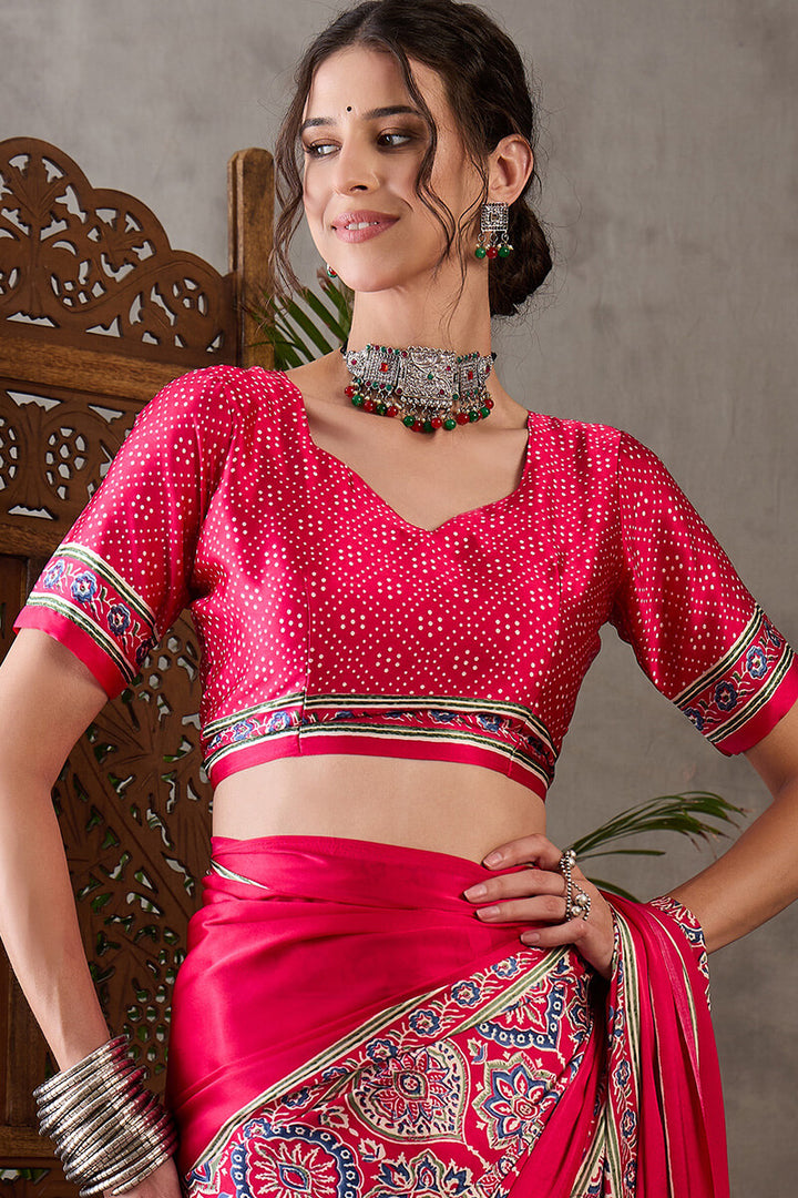 Dark Hot Pink Ajrakh Printed Satin Silk Saree