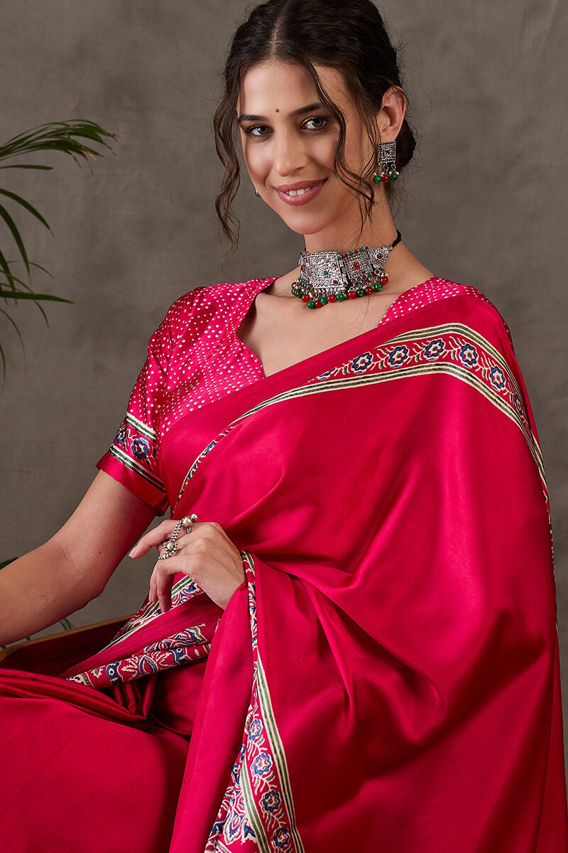 Dark Hot Pink Ajrakh Printed Satin Silk Saree