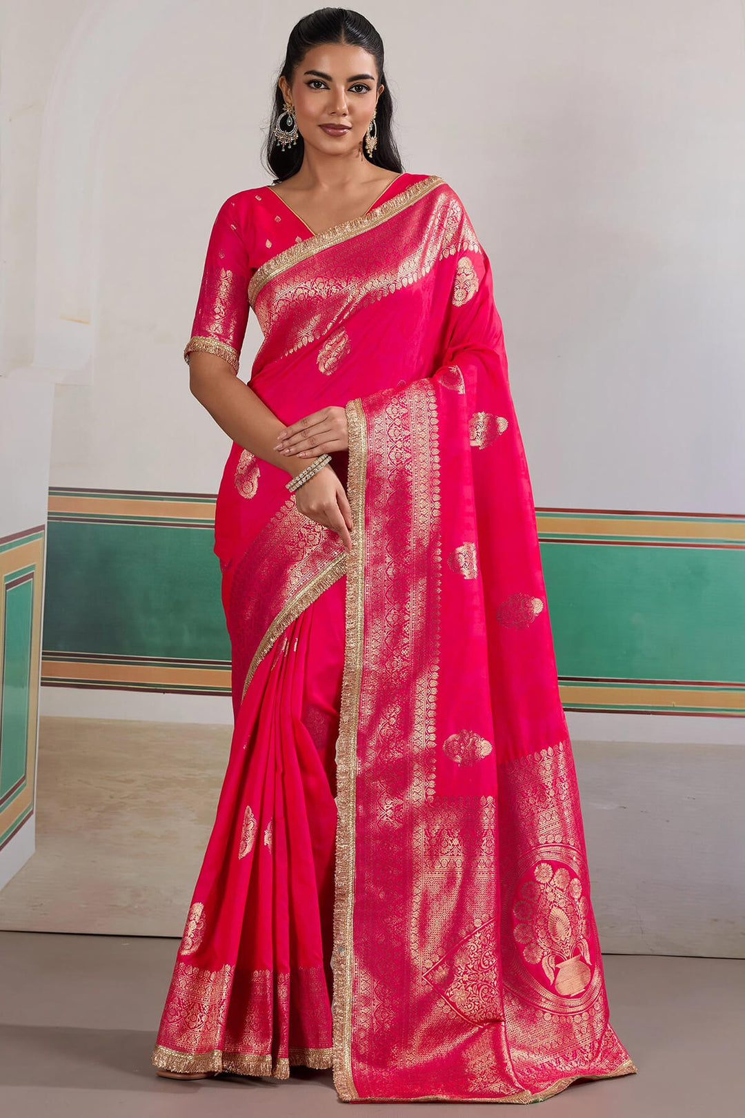 Dark Hot Pink Banarasi Silk Saree with Fancy Lace Border