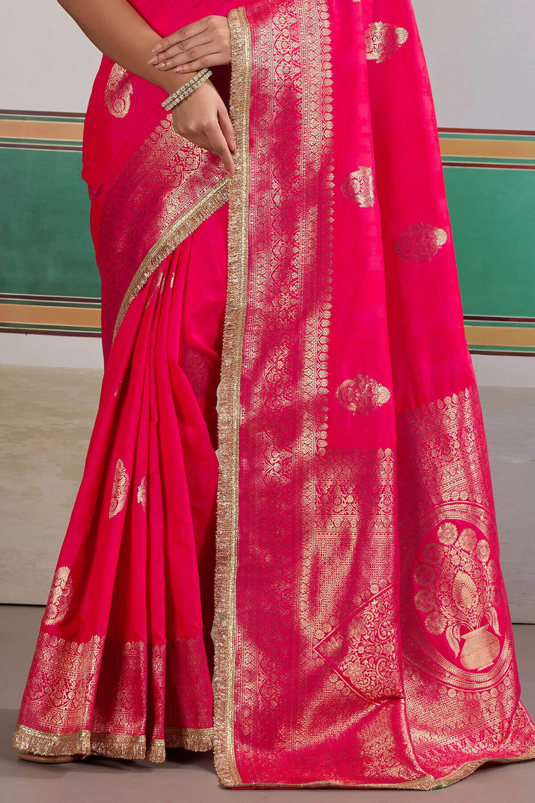 Dark Hot Pink Banarasi Silk Saree with Fancy Lace Border