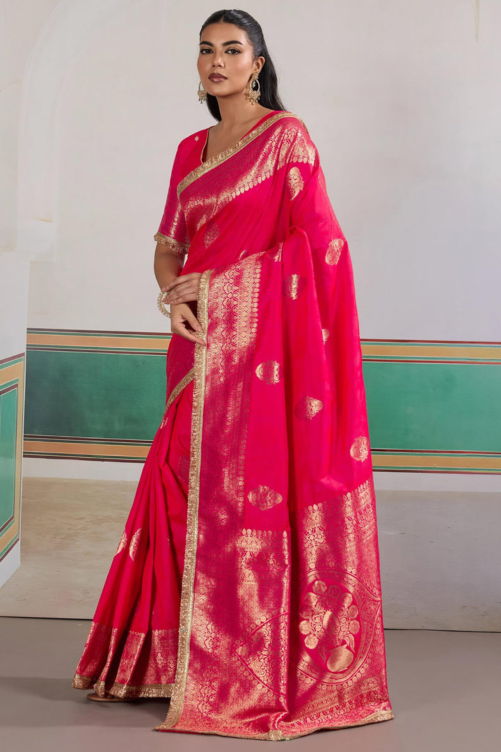 Dark Hot Pink Banarasi Silk Saree with Fancy Lace Border