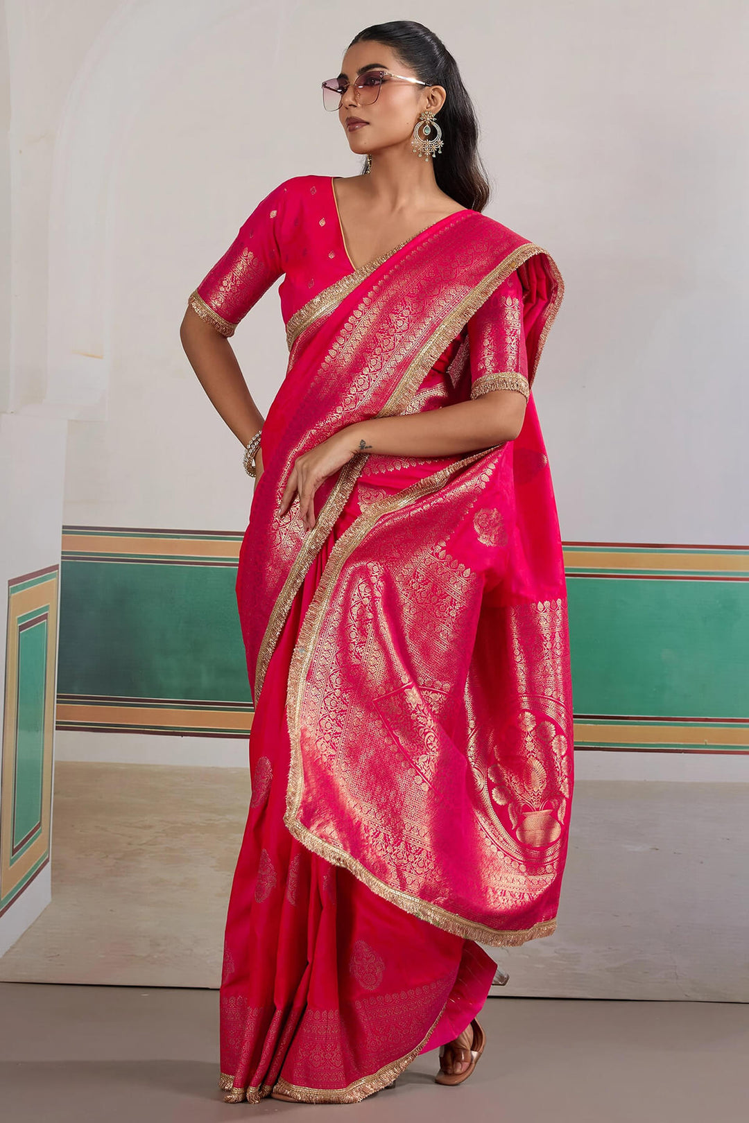 Dark Hot Pink Banarasi Silk Saree with Fancy Lace Border