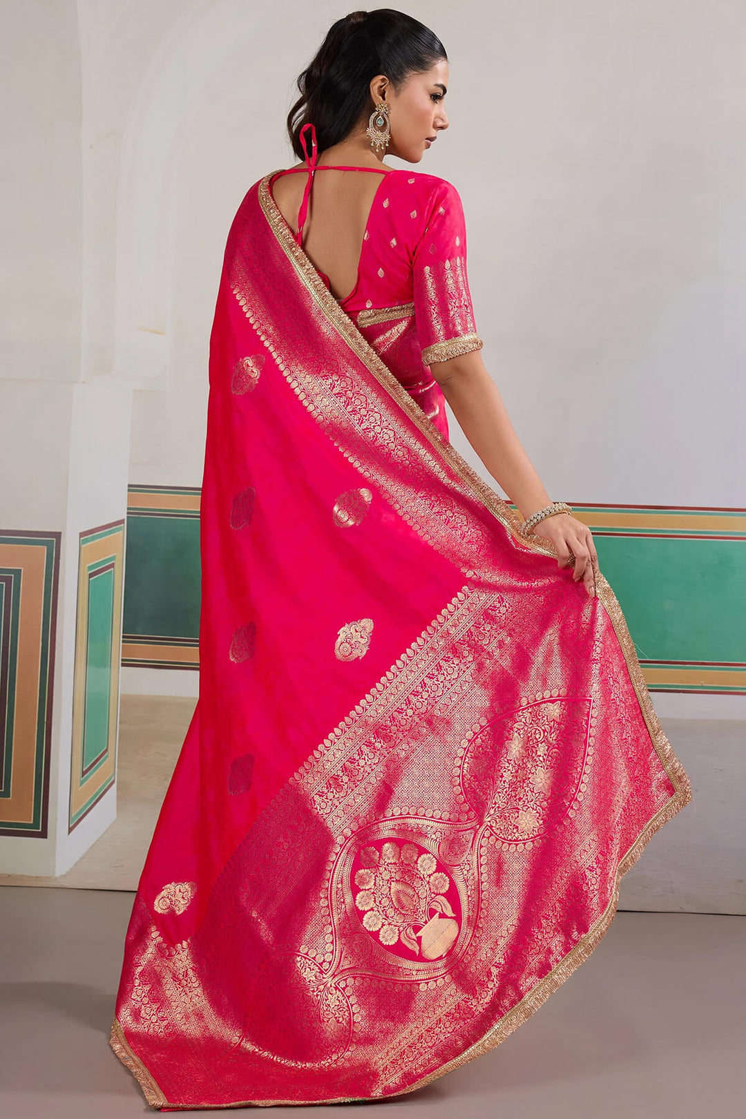 Dark Hot Pink Banarasi Silk Saree with Fancy Lace Border
