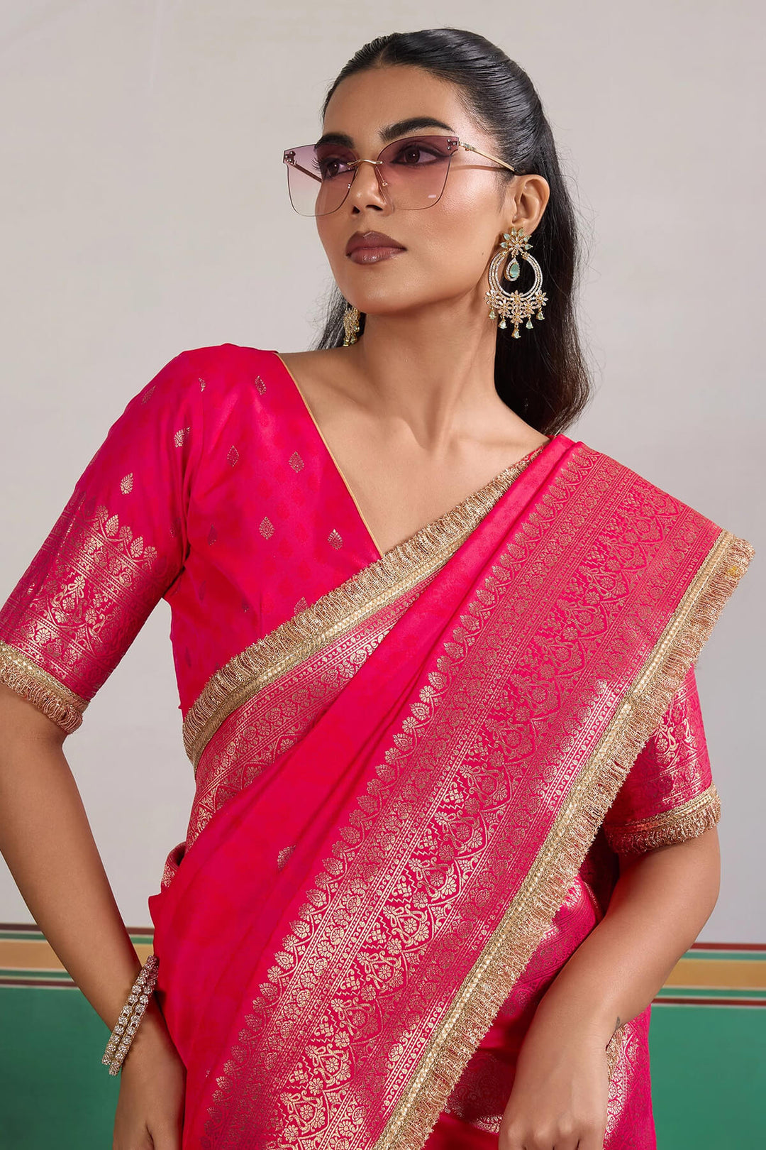 Dark Hot Pink Banarasi Silk Saree with Fancy Lace Border