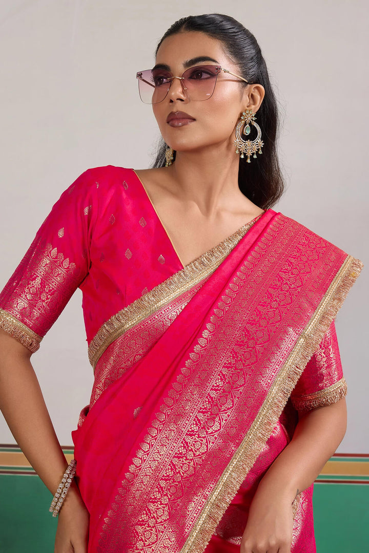 Dark Hot Pink Banarasi Silk Saree with Fancy Lace Border