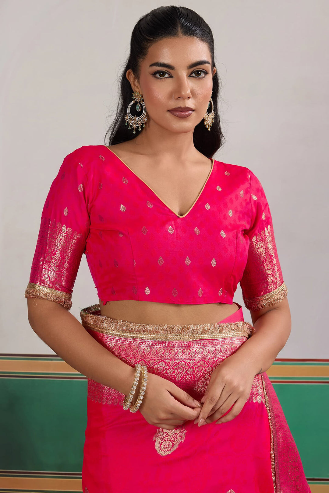 Dark Hot Pink Banarasi Silk Saree with Fancy Lace Border