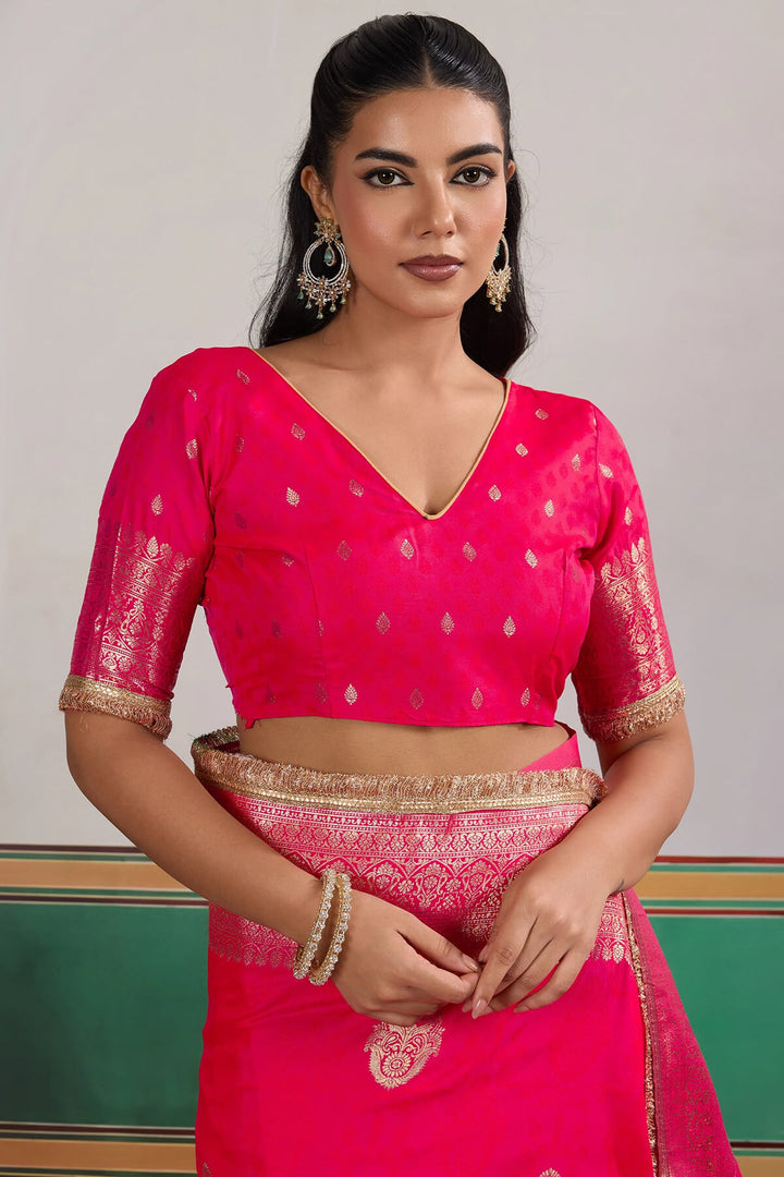 Dark Hot Pink Banarasi Silk Saree with Fancy Lace Border