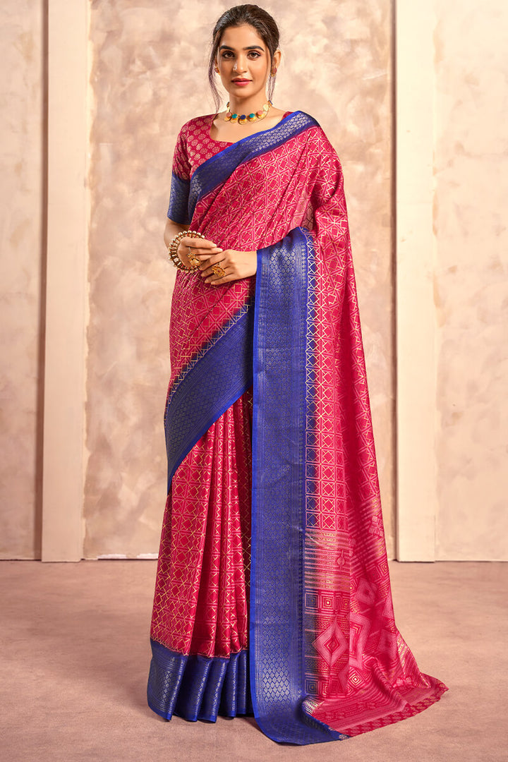 Dark Hot Pink Foil Printed Dola Silk Saree