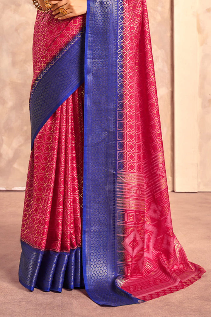 Dark Hot Pink Foil Printed Dola Silk Saree