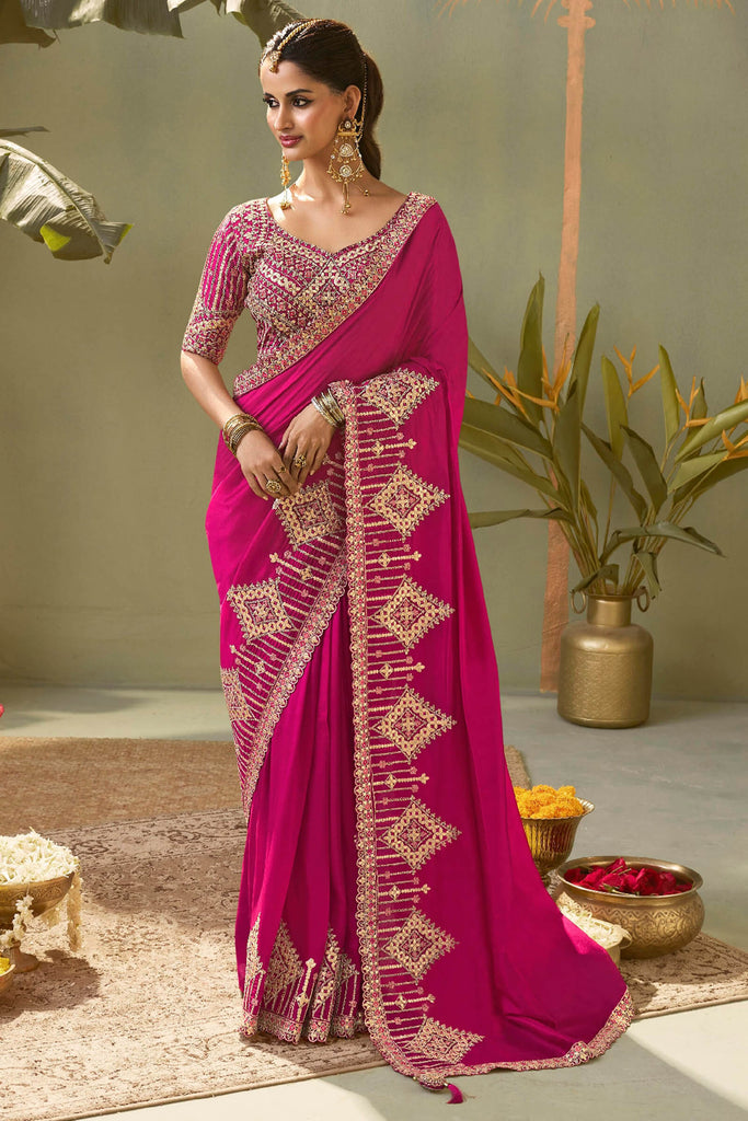 Dark Hot Pink Gota Patti Embroidery Work Saree With Designer Blouse Piece