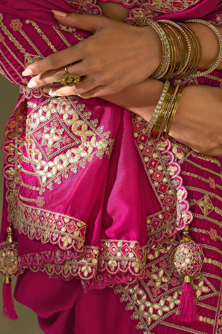 Dark Hot Pink Gota Patti Embroidery Work Saree With Designer Blouse Piece