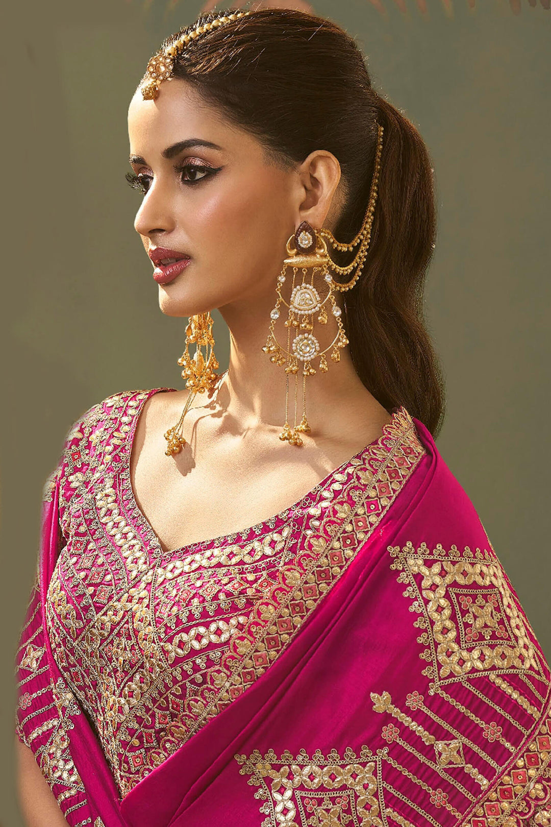 Dark Hot Pink Gota Patti Embroidery Work Saree With Designer Blouse Piece