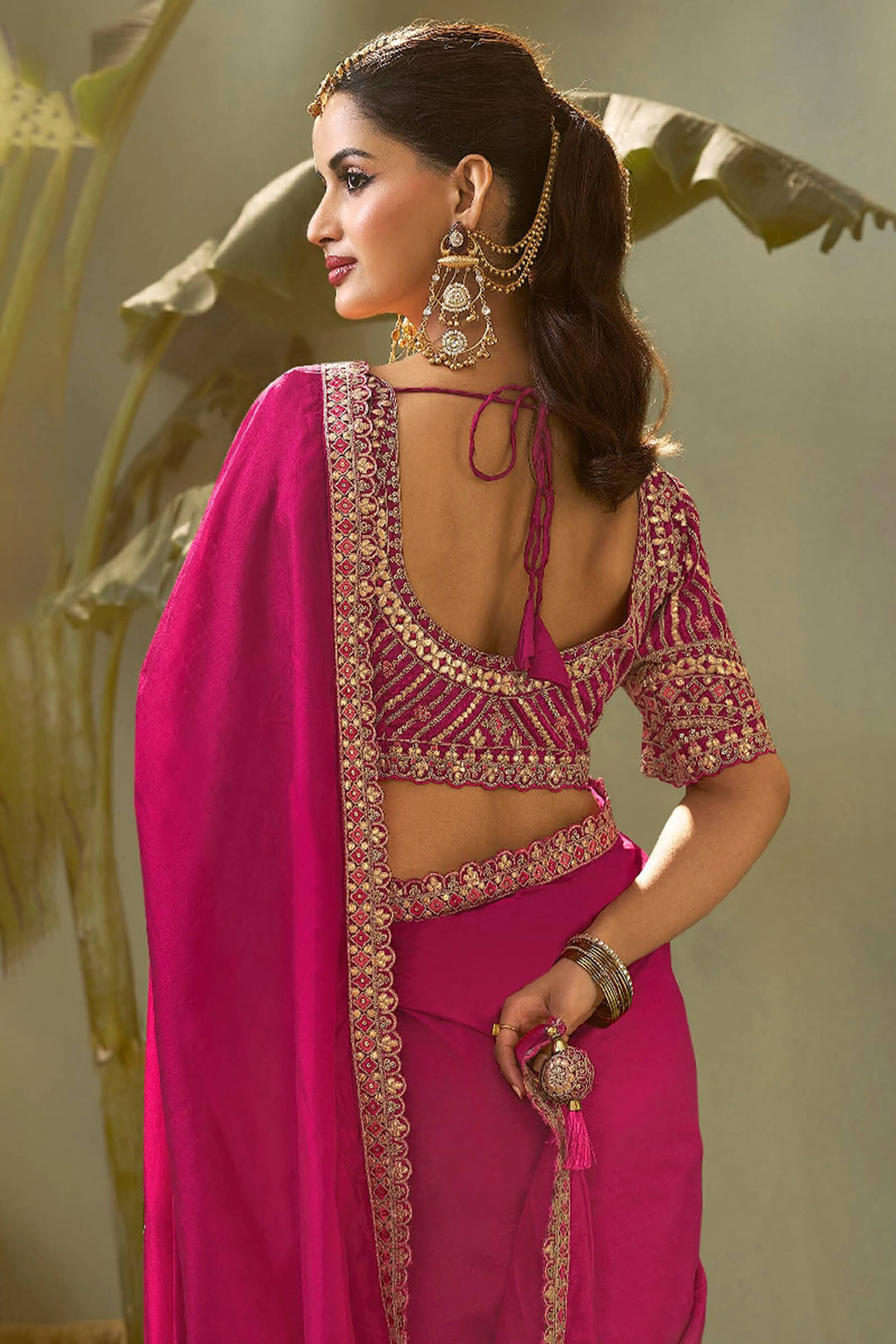 Dark Hot Pink Gota Patti Embroidery Work Saree With Designer Blouse Piece