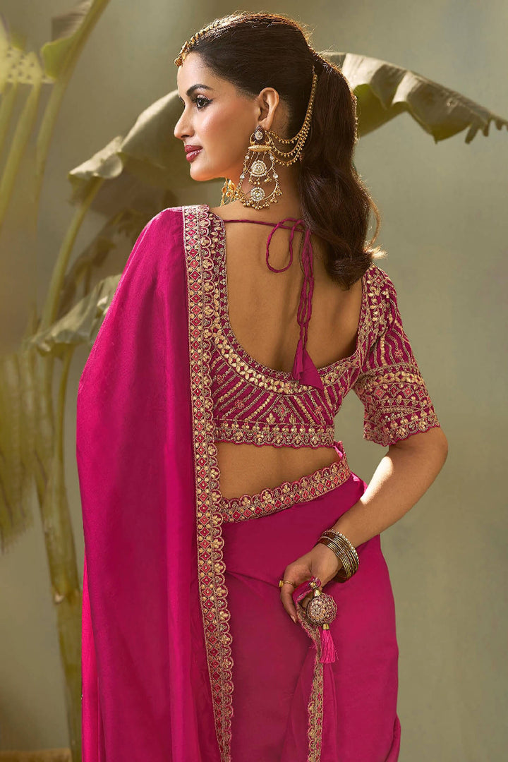Dark Hot Pink Gota Patti Embroidery Work Saree With Designer Blouse Piece