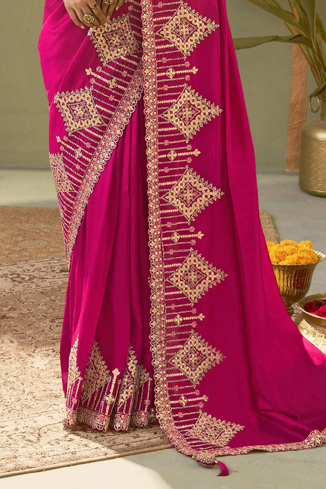Dark Hot Pink Gota Patti Embroidery Work Saree With Designer Blouse Piece