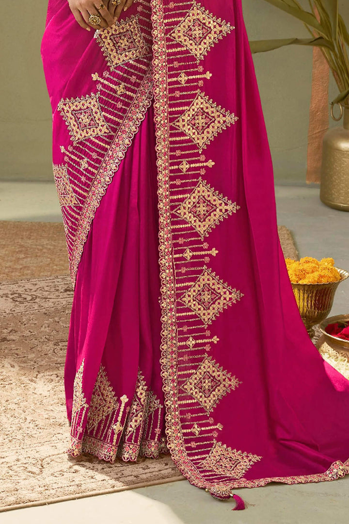 Dark Hot Pink Gota Patti Embroidery Work Saree With Designer Blouse Piece