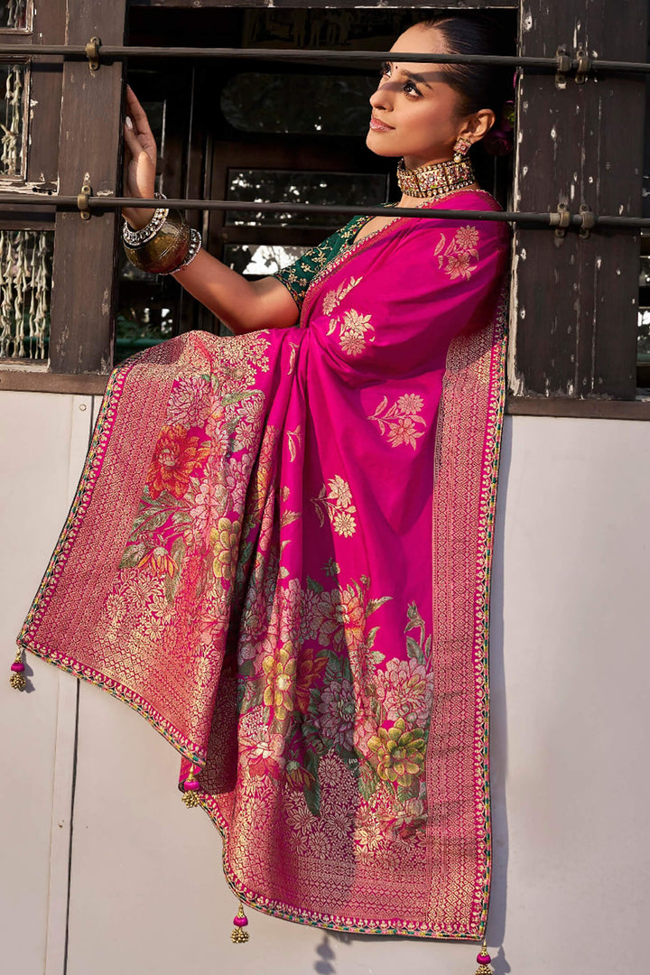Dark Hot Pink Soft Dola Viscose Saree With Embroidery Blouse Piece