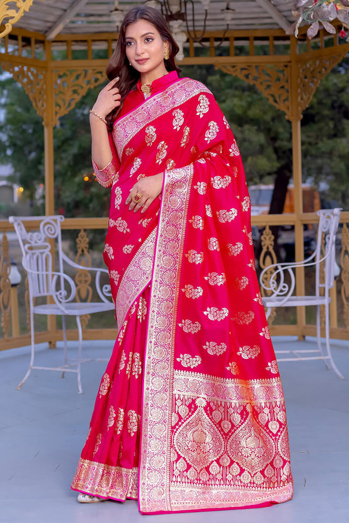 Dark Hot Pink Zari Woven Banarasi Satin Silk Saree