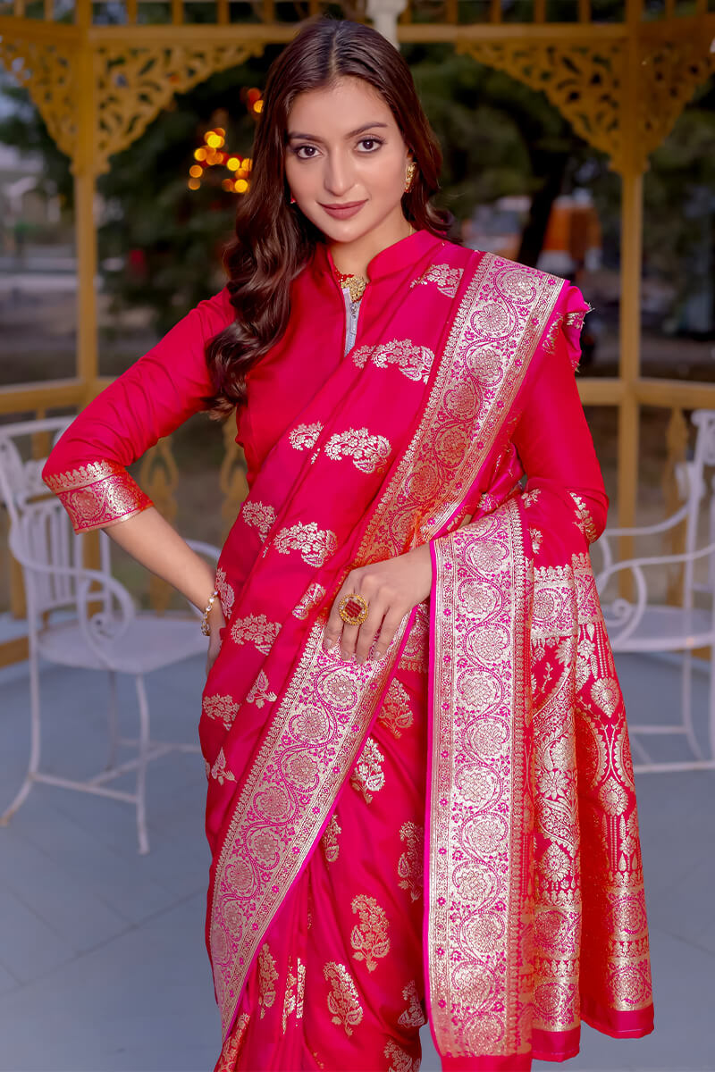 Dark Hot Pink Zari Woven Banarasi Satin Silk Saree