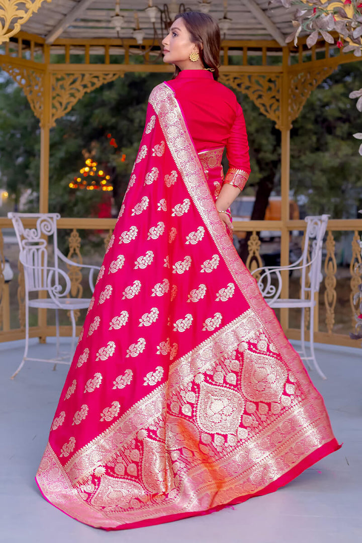 Dark Hot Pink Zari Woven Banarasi Satin Silk Saree