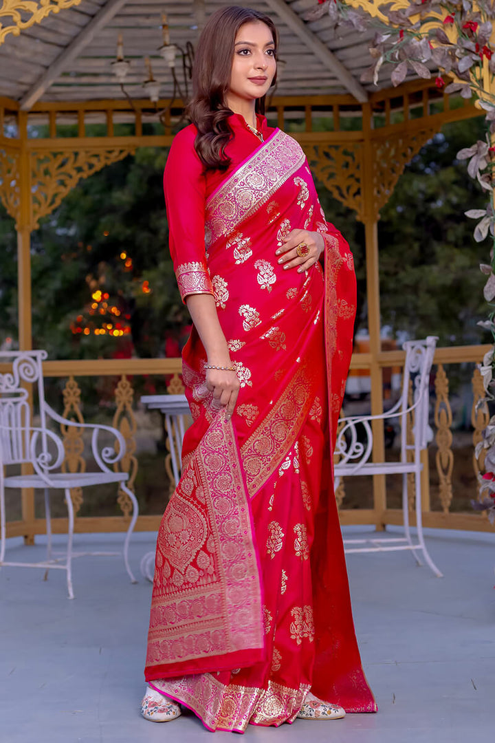 Dark Hot Pink Zari Woven Banarasi Satin Silk Saree