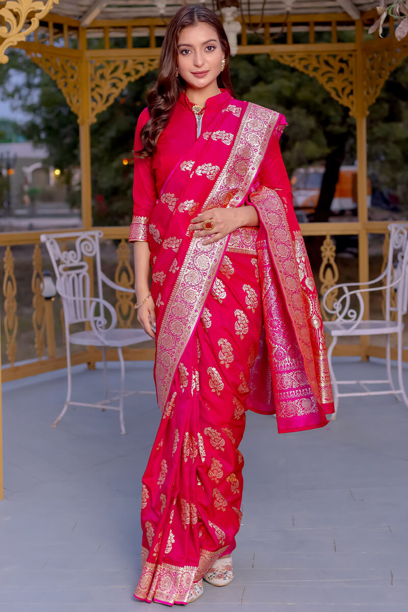 Dark Hot Pink Zari Woven Banarasi Satin Silk Saree