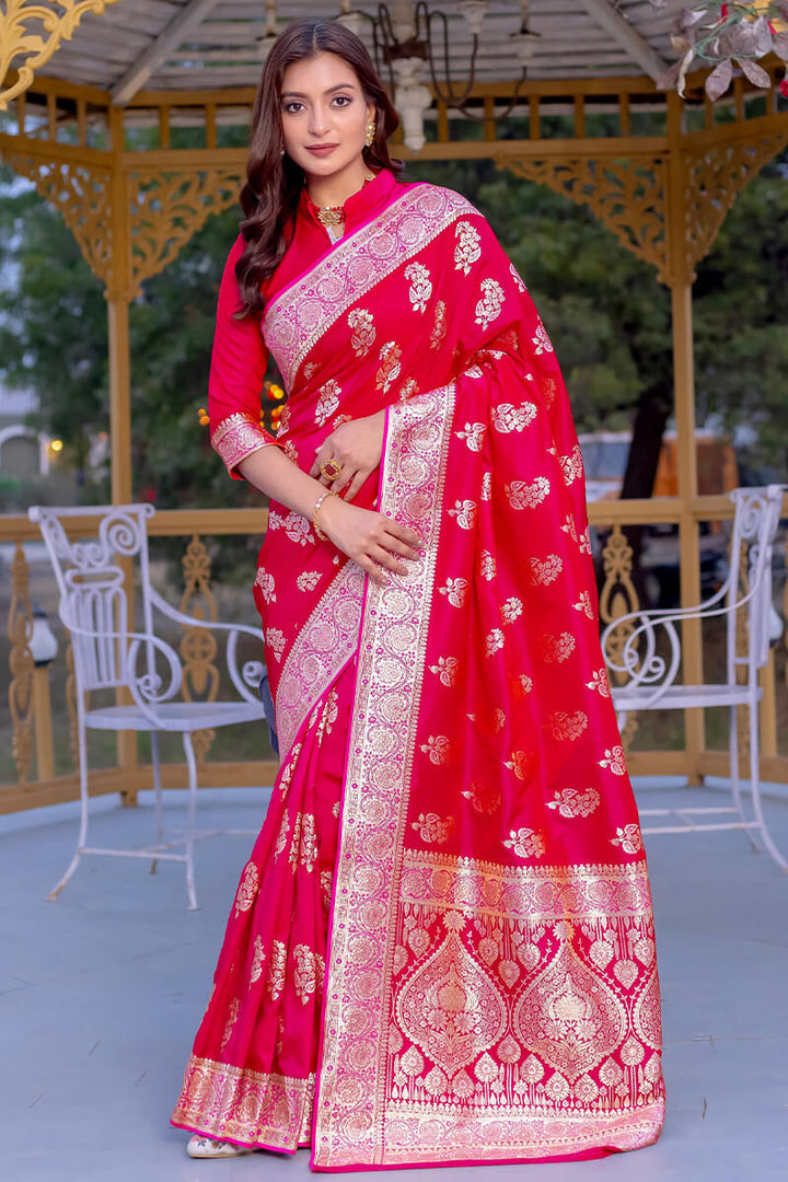 Dark Hot Pink Zari Woven Banarasi Satin Silk Saree