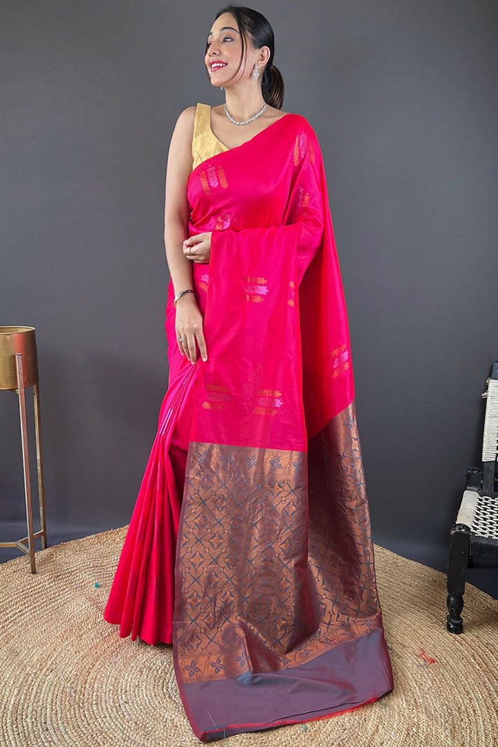 Dark Hot Pink Zari Woven Soft Silk Saree