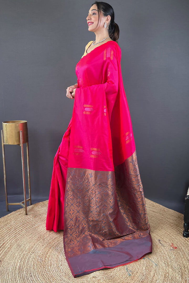 Dark Hot Pink Zari Woven Soft Silk Saree