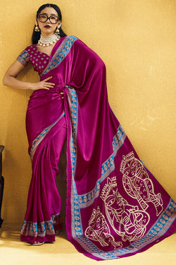 Dark Magenta Ajrakh Printed Satin Silk Saree