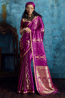 Dark Magenta Zari Woven Banarasi Satin silk saree