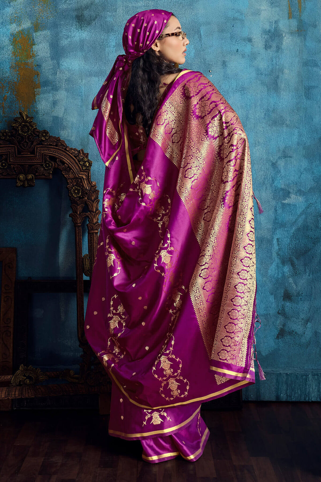 Dark Magenta Zari Woven Banarasi Satin silk saree