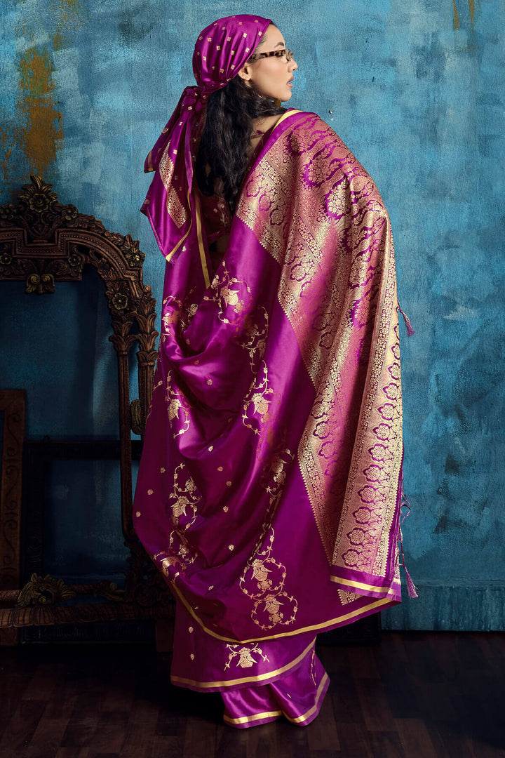 Dark Magenta Zari Woven Banarasi Satin silk saree
