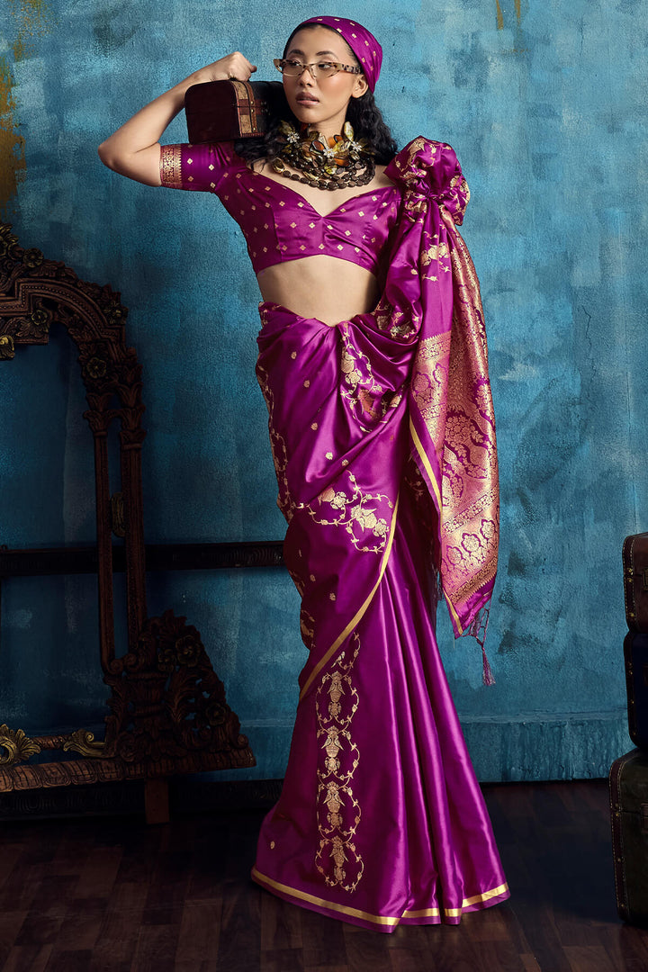 Dark Magenta Zari Woven Banarasi Satin silk saree