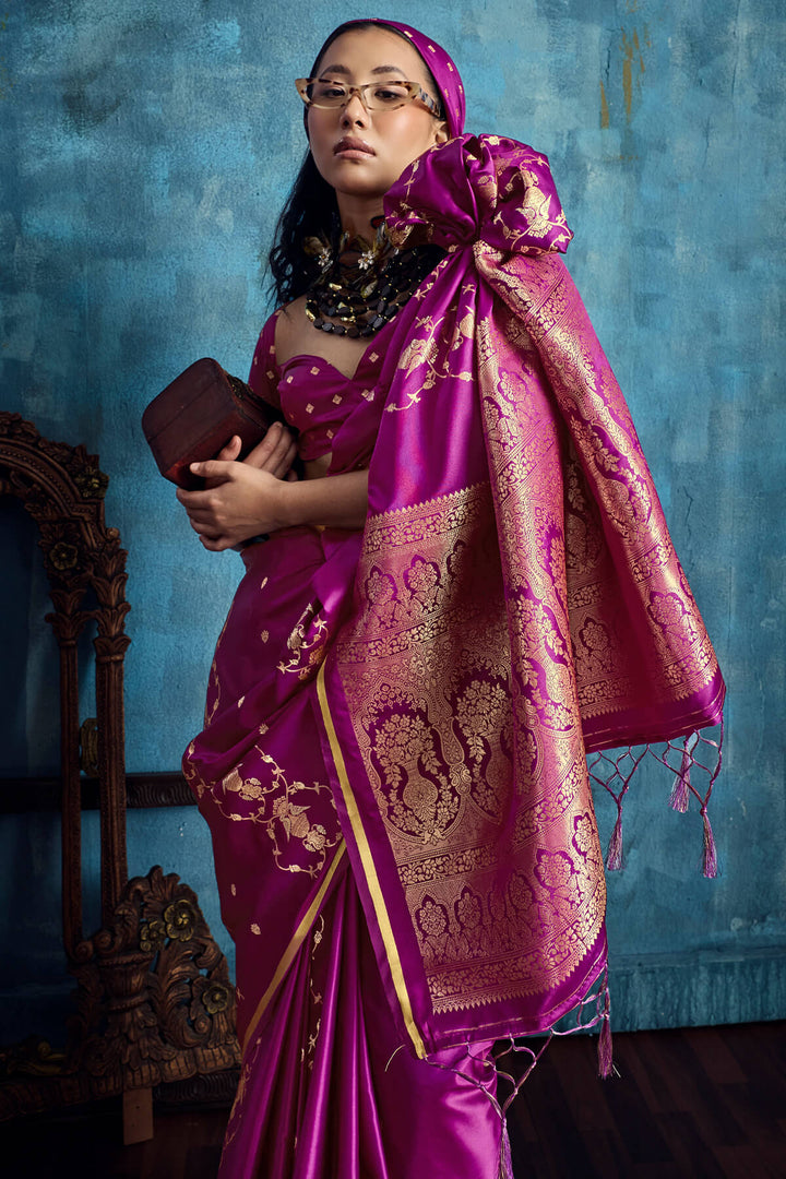Dark Magenta Zari Woven Banarasi Satin silk saree