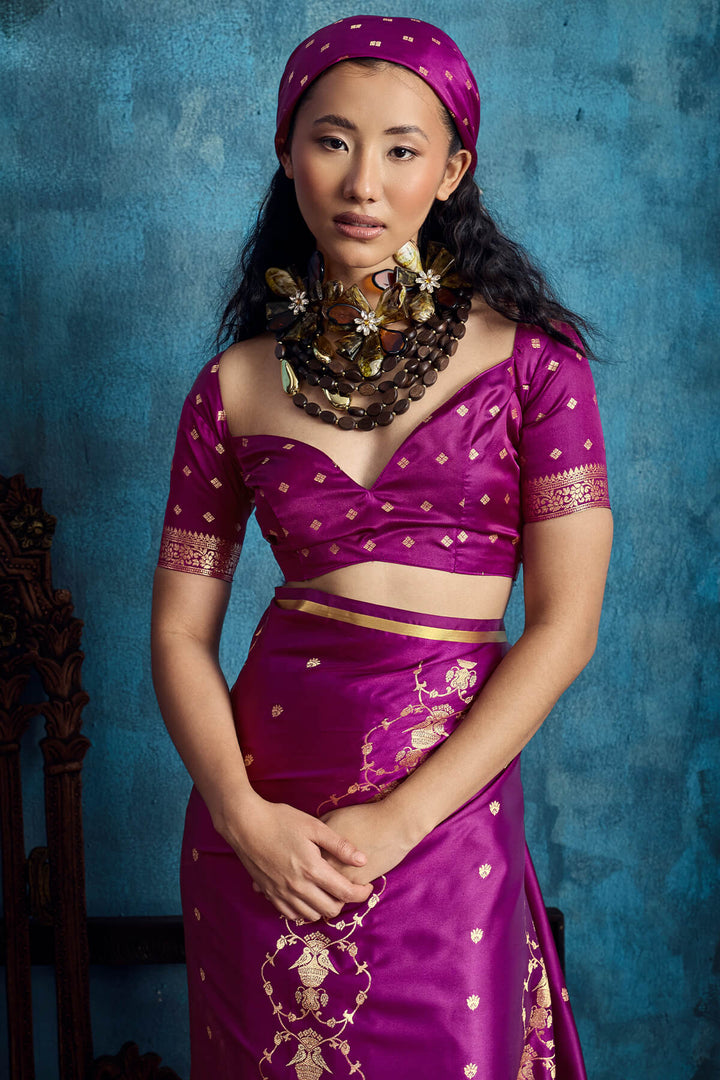 Dark Magenta Zari Woven Banarasi Satin silk saree