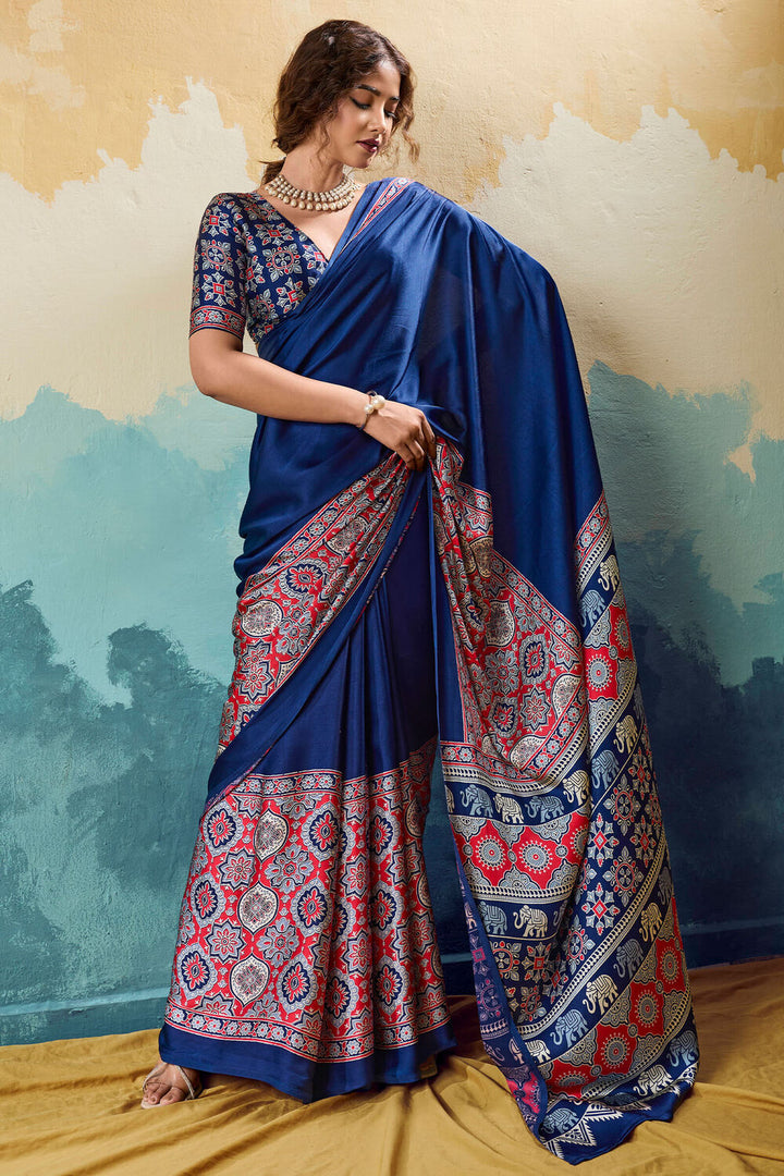 Dark Midnight Blue Ajrakh Printed Satin Silk Saree