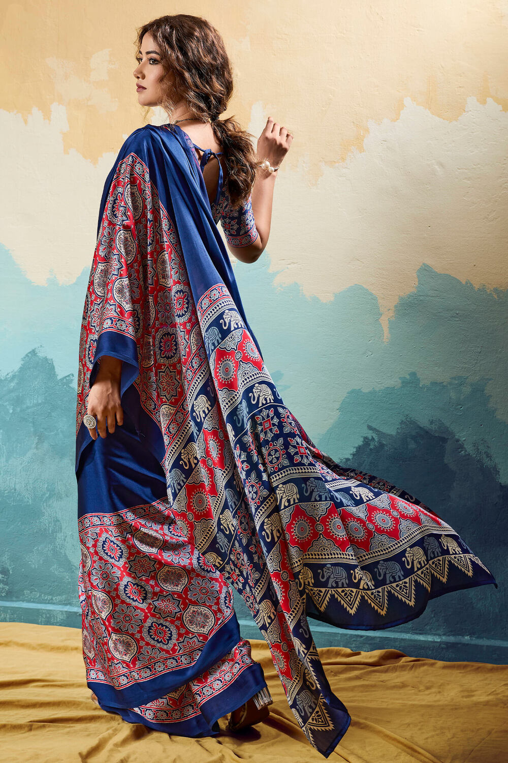 Dark Midnight Blue Ajrakh Printed Satin Silk Saree